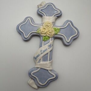 Blue Porcelain “Jesus Loves Me”Cross with Yellow Roses